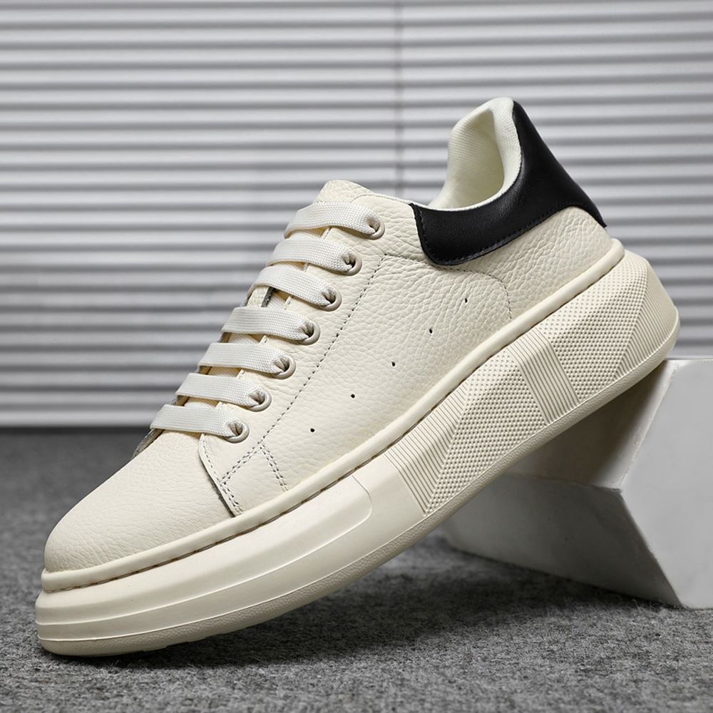 Men's White Sneakers Top-grain Cowhide Casual Thick-soled Comfortable Shoes